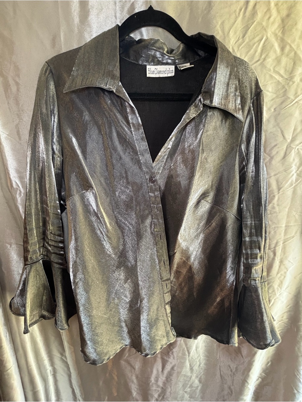 Blue Diamonds Plus Liquid Silver Metallic Button Down Blouse Size 1X